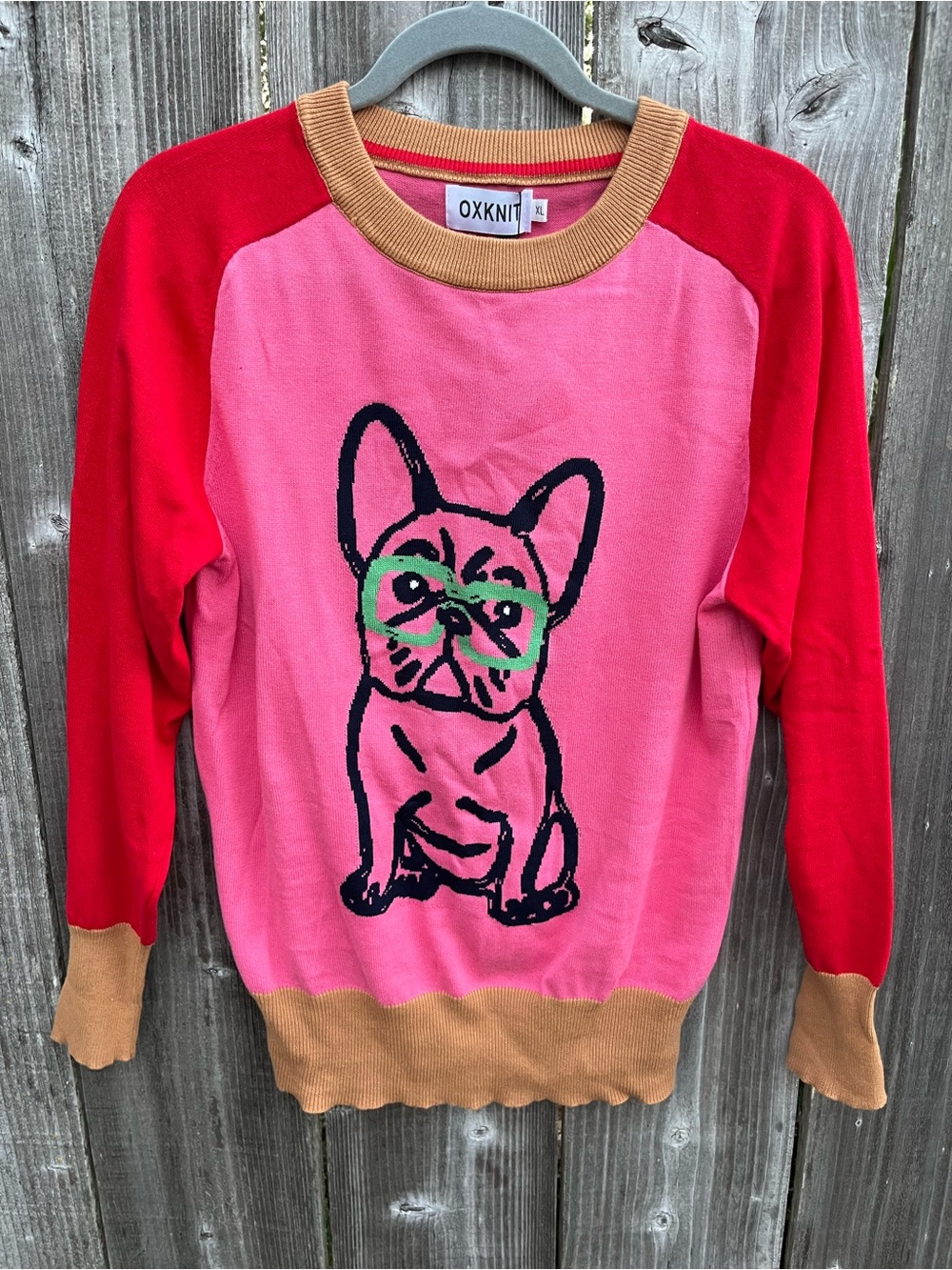 OXXKNIT Women’s Red & Pink French Bulldog Sweater
